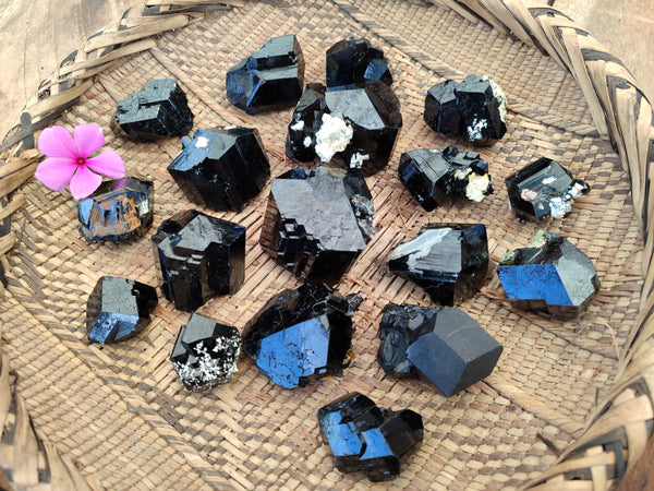 Natural Small Terminated Schorl Black Tourmaline Crystals with a little Hyalite Opal x 20 From Erongo, Namibia