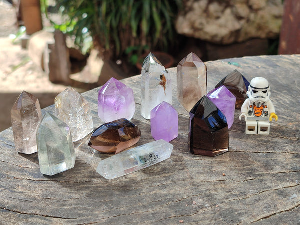 Polished Mixed Quartz Crystals Including Specular Hematite Inclusion Quartz x 12 from Madagascar