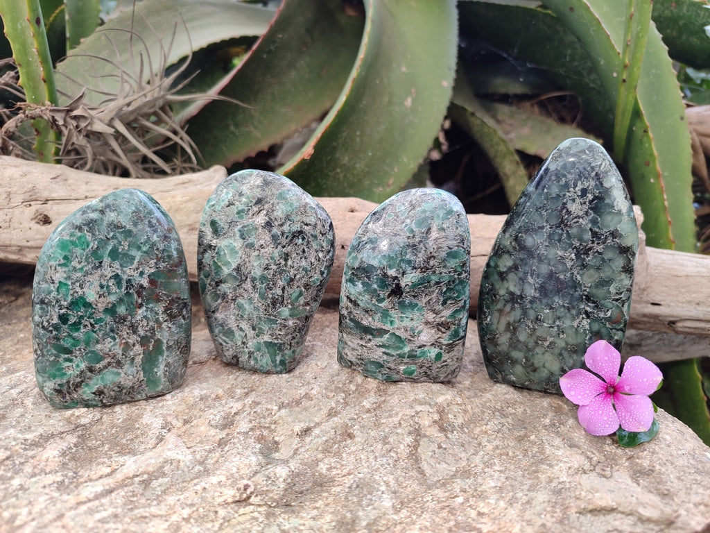 Polished Emerald Mica In Matrix Standing Free Forms x 4 From Mutoko, Zimbabwe - Toprock Gemstones and Minerals 