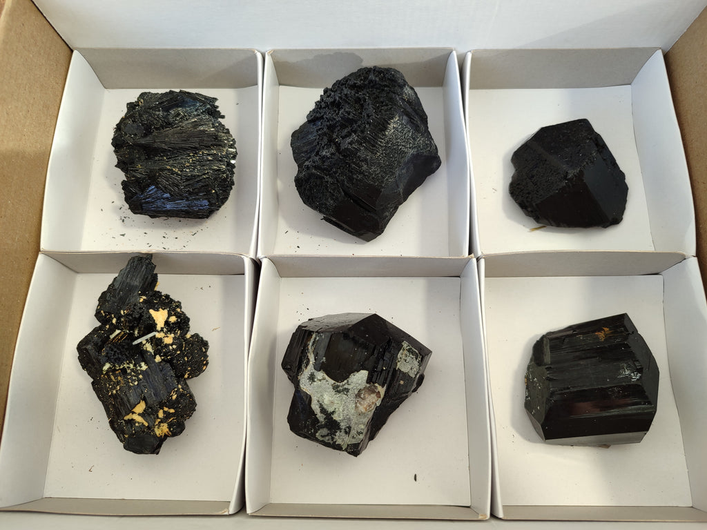 Natural Schorl Black Tourmaline with Hyalite Opal and one with Aquamarine Beryl x 6 From Erongo, Namibia - Toprock Gemstones and Minerals 