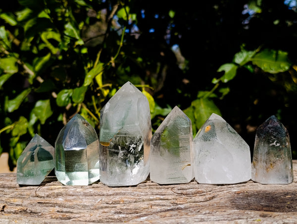 Polished Phantom Chlorite Moss Quartz Crystal Points x 6 From Madagascar - Toprock Gemstones and Minerals 