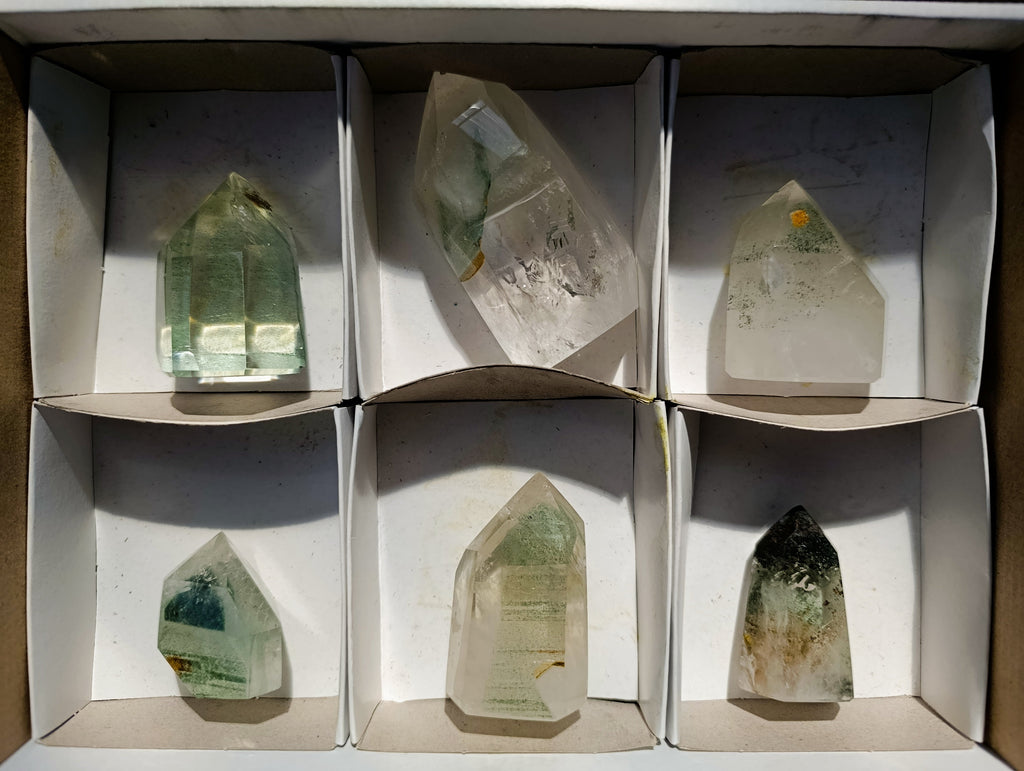 Polished Phantom Chlorite Moss Quartz Crystal Points x 6 From Madagascar - Toprock Gemstones and Minerals 