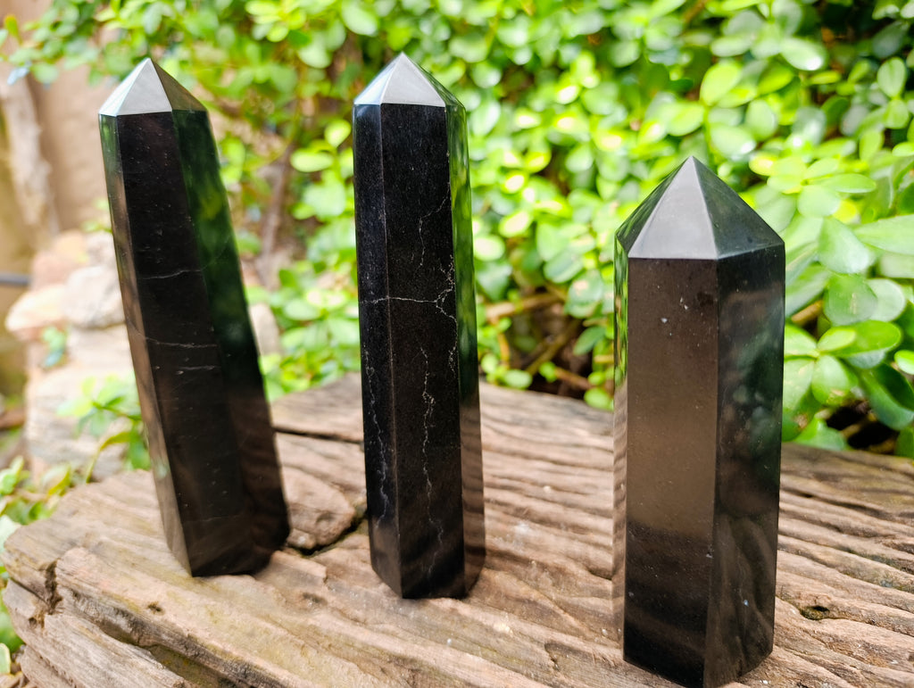 Polished Black Basalt Crystal Points x 3 From Antsirabe, Madagascar - Toprock Gemstones and Minerals 