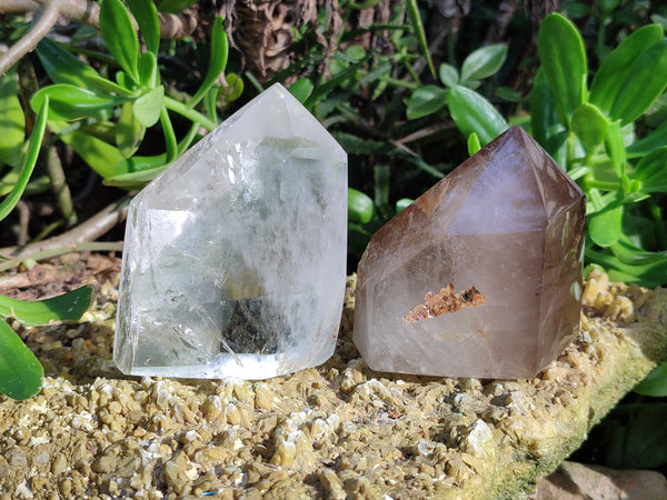Polished Phantom Chlorite Moss and Zoned Smokey Quartz Crystals x 2 From Madagascar
