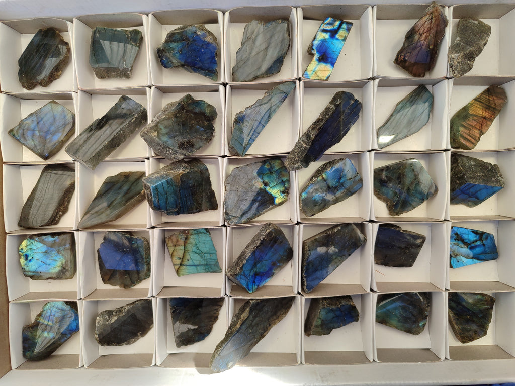 Polished On One Side Labradorite Plates x 35 From Tulear, Madagascar - Toprock Gemstones and Minerals 