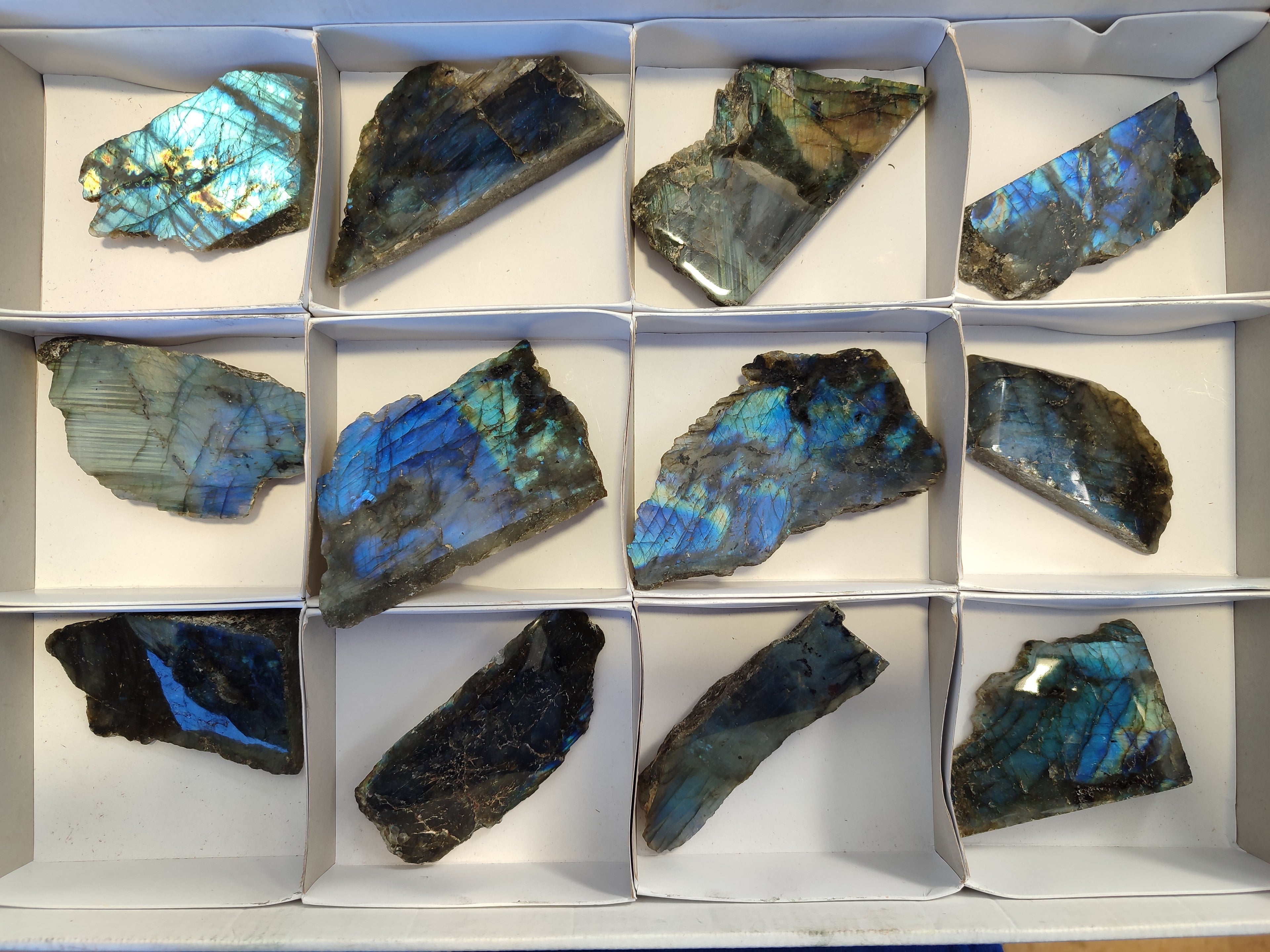 Polished On One Side Labradorite Plates x 12 From Tulear, Madagascar - Toprock Gemstones and Minerals 
