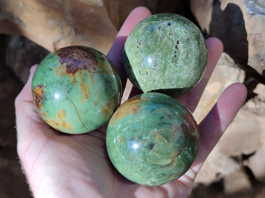 Polished Chrysoprase and Green Opal Spheres x 5 From Madagascar - Toprock Gemstones and Minerals 