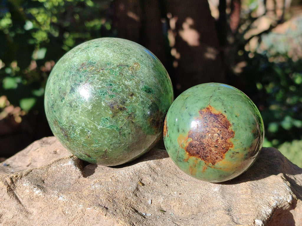 Polished Chrysoprase and Green Opal Spheres x 5 From Madagascar - Toprock Gemstones and Minerals 