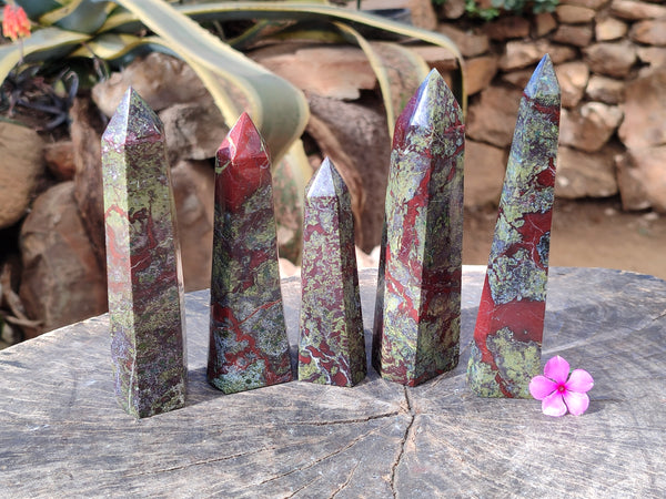 Polished Bastite Dragons Blood Stone Points x 5 From Tshipise, South Africa