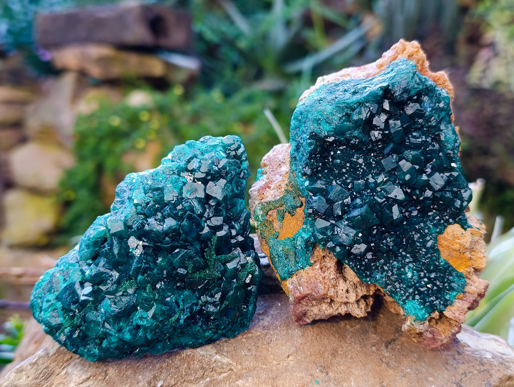 Natural Dioptase On Dolomite with Malachite Specimens x 2 From Likasi, Congo - Toprock Gemstones and Minerals 