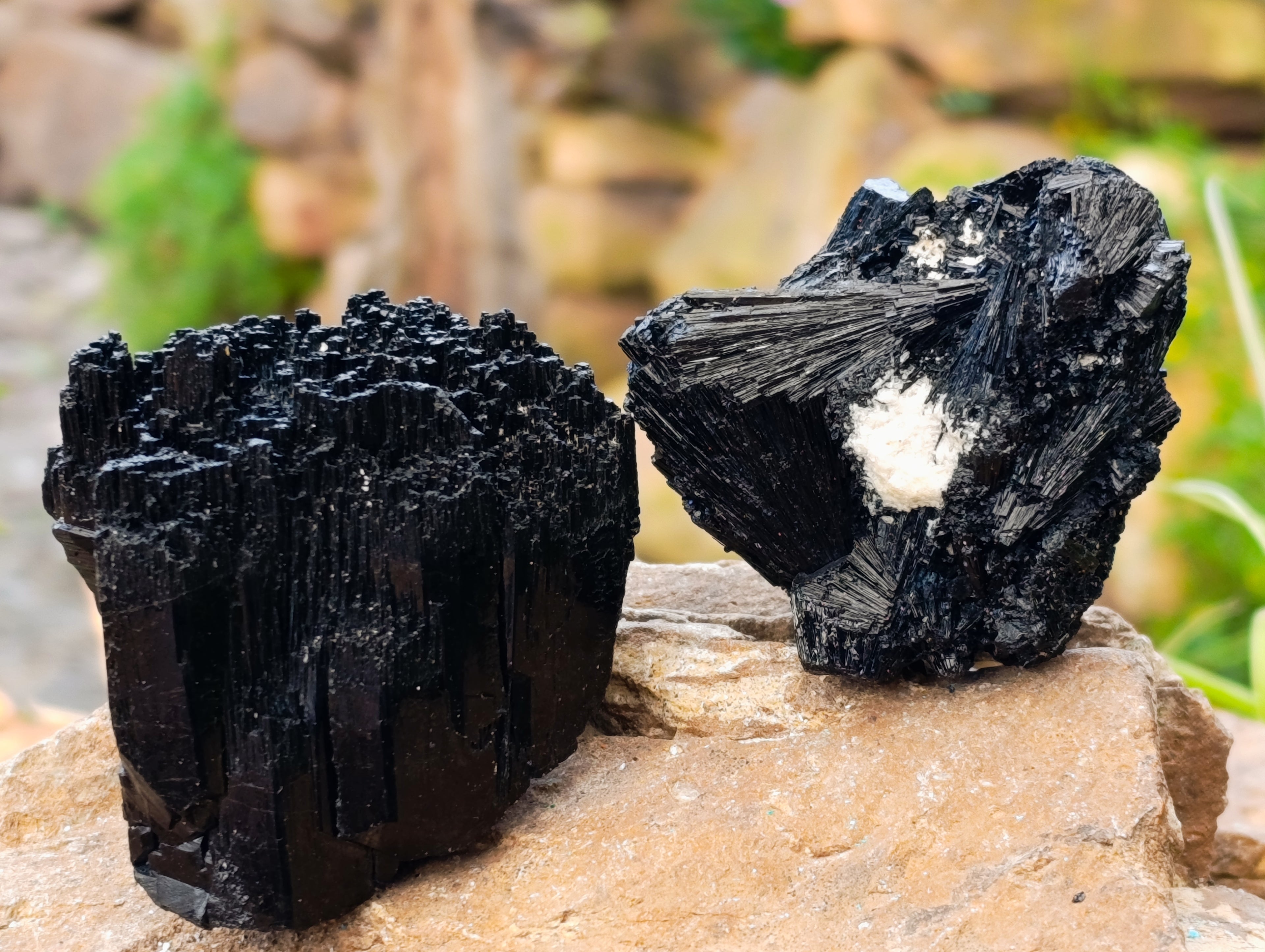 Natural Schorl Black Tourmaline with Fibrous and Needle Formations and Hyalite Opal x 6 From Erongo, Namibia - Toprock Gemstones and Minerals 