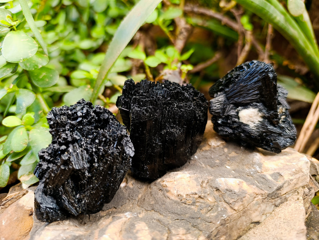 Natural Schorl Black Tourmaline with Fibrous and Needle Formations and Hyalite Opal x 6 From Erongo, Namibia - Toprock Gemstones and Minerals 