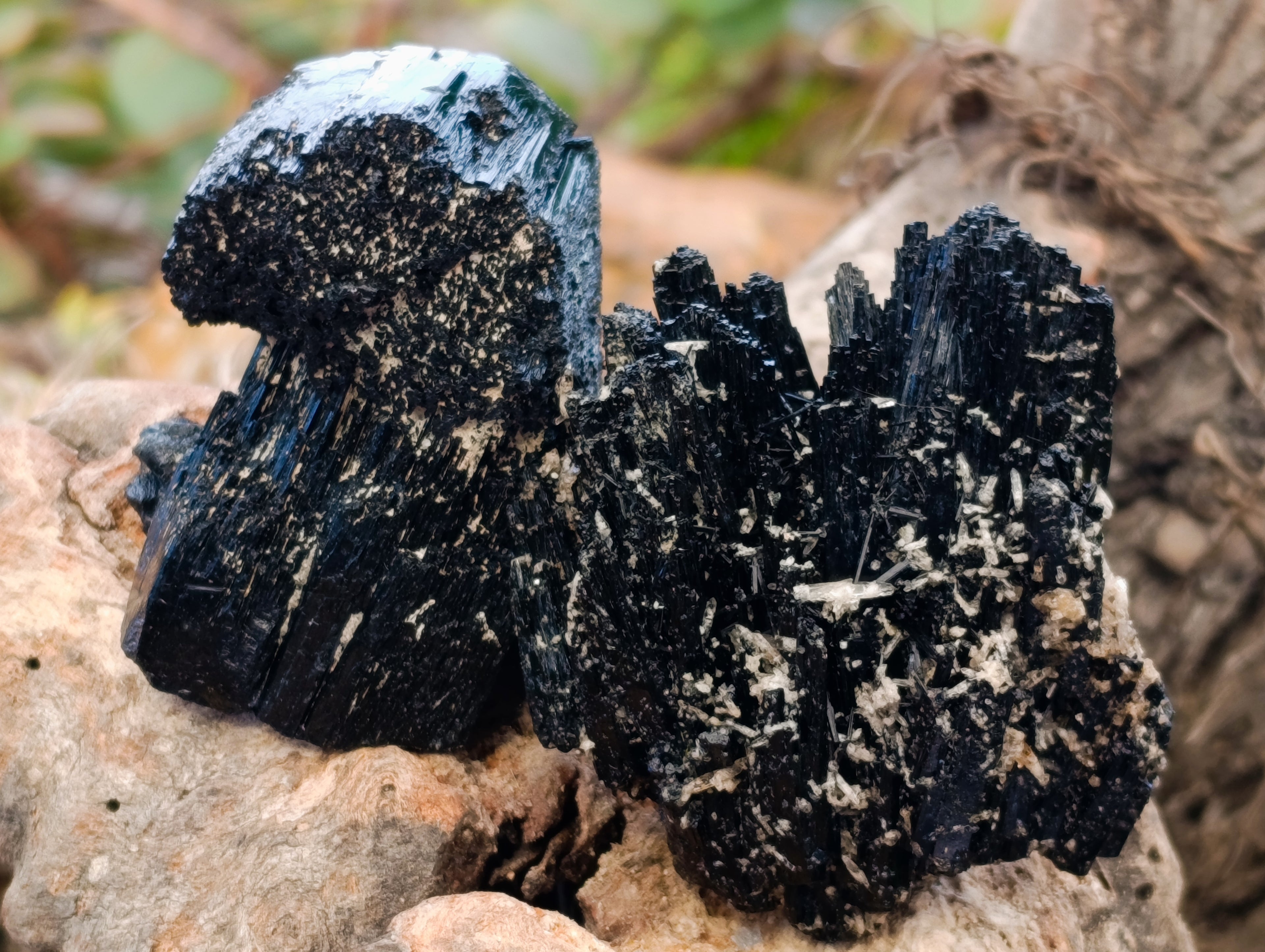 Natural Schorl Black Tourmaline with Fibrous and Needle Formations and Hyalite Opal x 6 From Erongo, Namibia - Toprock Gemstones and Minerals 