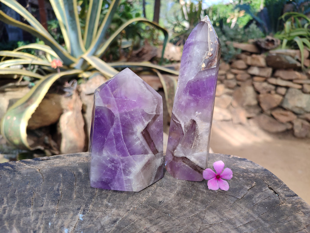 Polished Chevron Amethyst Points x 2 from Ankazobe, Madagascar - Toprock Gemstones and Minerals 