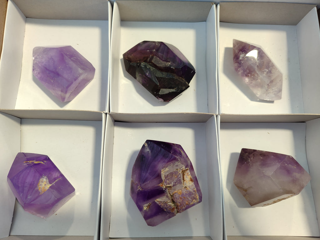 Polished Smokey Amethyst Window Quartz Crystals x 6 From Akansobe, Madagascar - Toprock Gemstones and Minerals 
