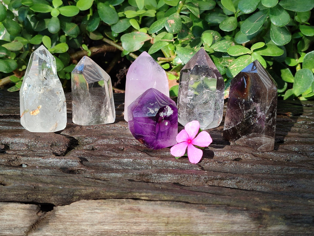Polished Mixed Quartz Crystals with a Specular Hematite Inclusion Quartz x 6 from Madagascar - Toprock Gemstones and Minerals 