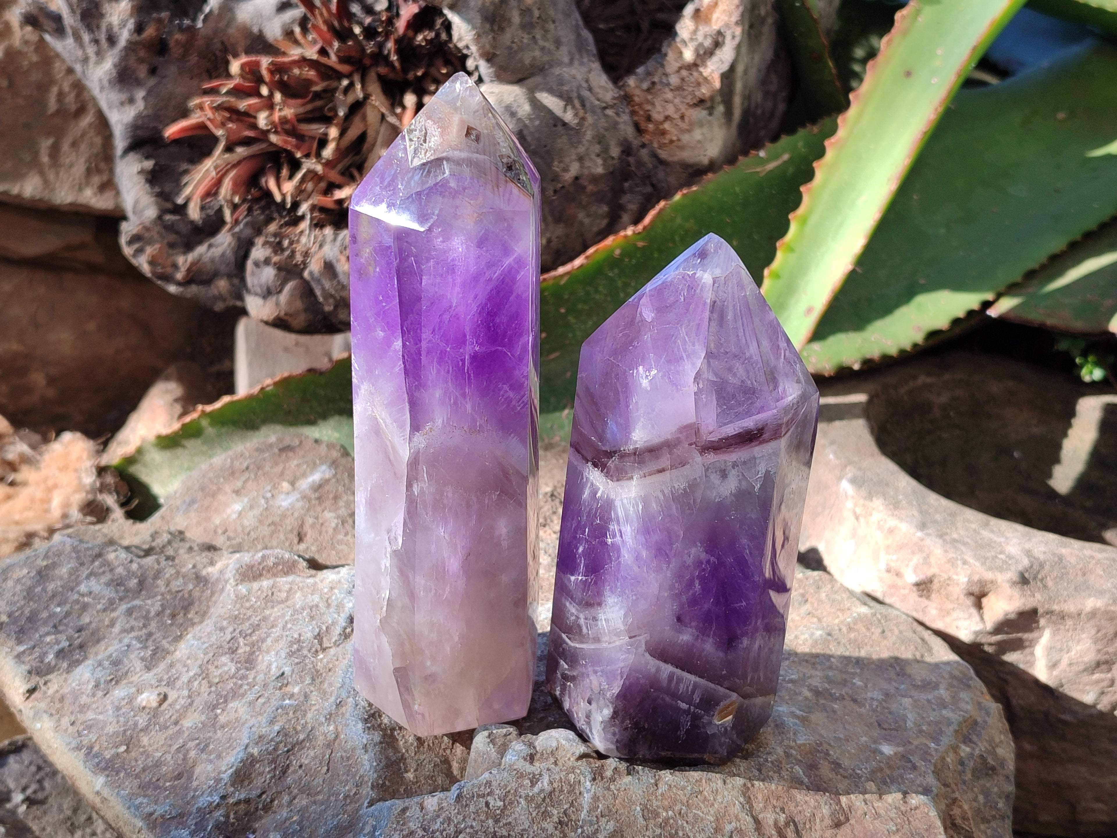Polished Chevron Amethyst Points x 2 from Ankazobe, Madagascar - Toprock Gemstones and Minerals 