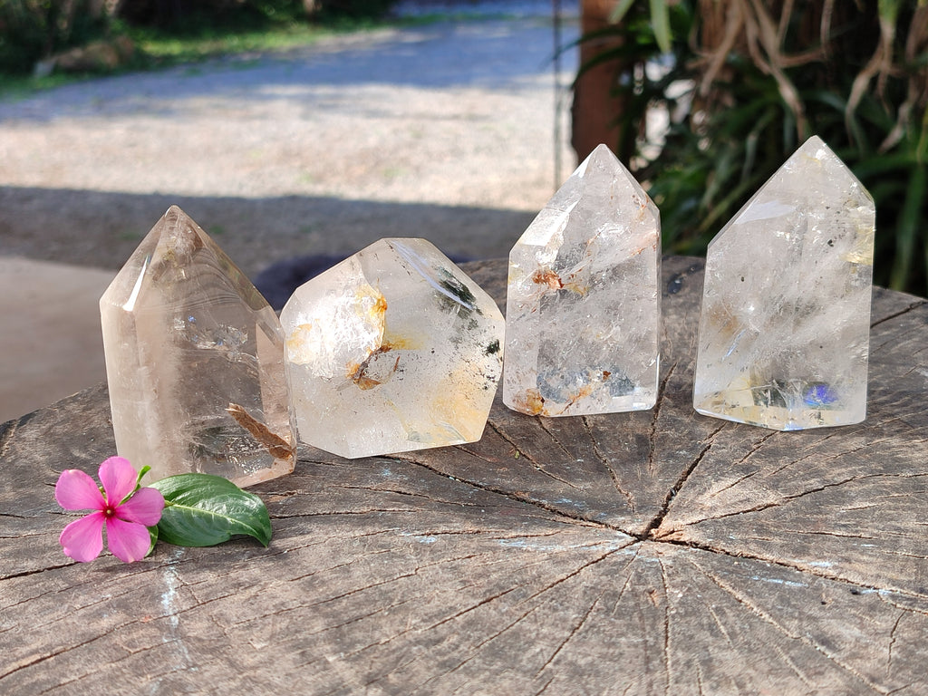 Polished Rainbow Veil and Chlorite Phantom Quartz Crystals x 4 From Madagascar - Toprock Gemstones and Minerals 