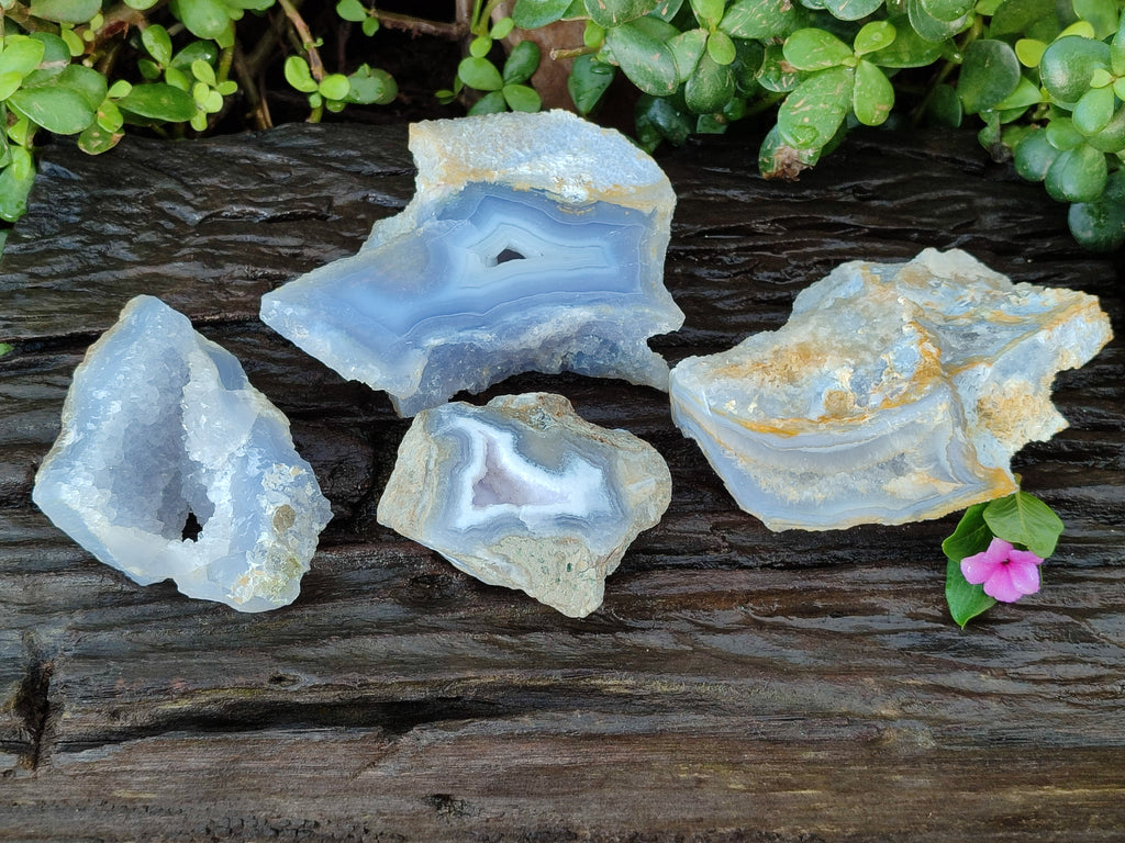 Polished on One Side Etched Blue Lace Chalcedony Geodes x 4 From Nsanje, Malawi - Toprock Gemstones and Minerals 