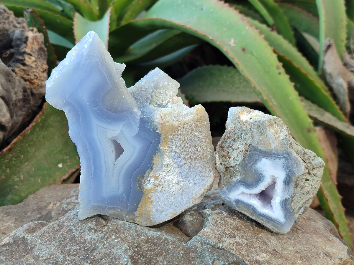 Polished on One Side Etched Blue Lace Chalcedony Geodes x 4 From Nsanje, Malawi - Toprock Gemstones and Minerals 