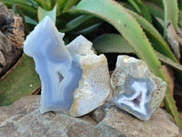 Polished on One Side Etched Blue Lace Chalcedony Geodes x 4 From Nsanje, Malawi