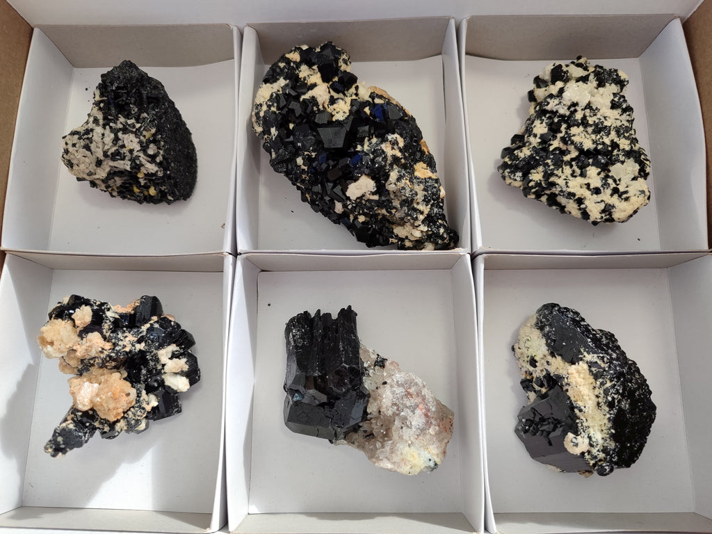 Natural Schorl Black Tourmaline on Orthoclase Matrix Clusters with a bit of Hyalite Opal x 6 From Erongo, Namibia - Toprock Gemstones and Minerals 