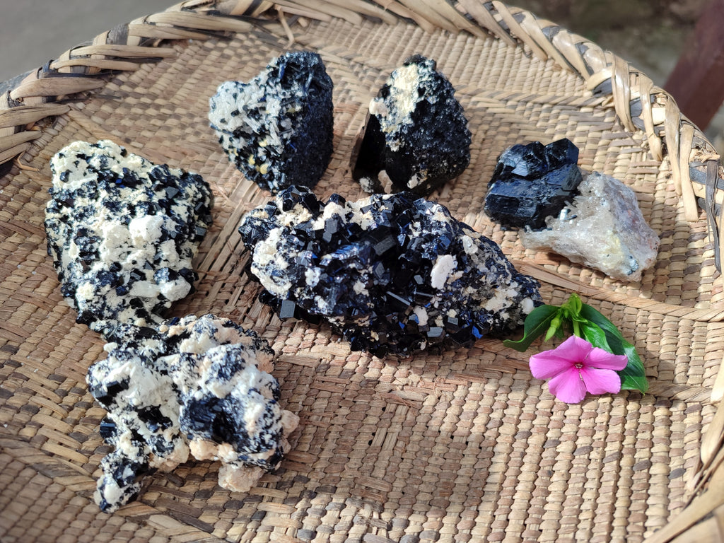 Natural Schorl Black Tourmaline on Orthoclase Matrix Clusters with a bit of Hyalite Opal x 6 From Erongo, Namibia - Toprock Gemstones and Minerals 