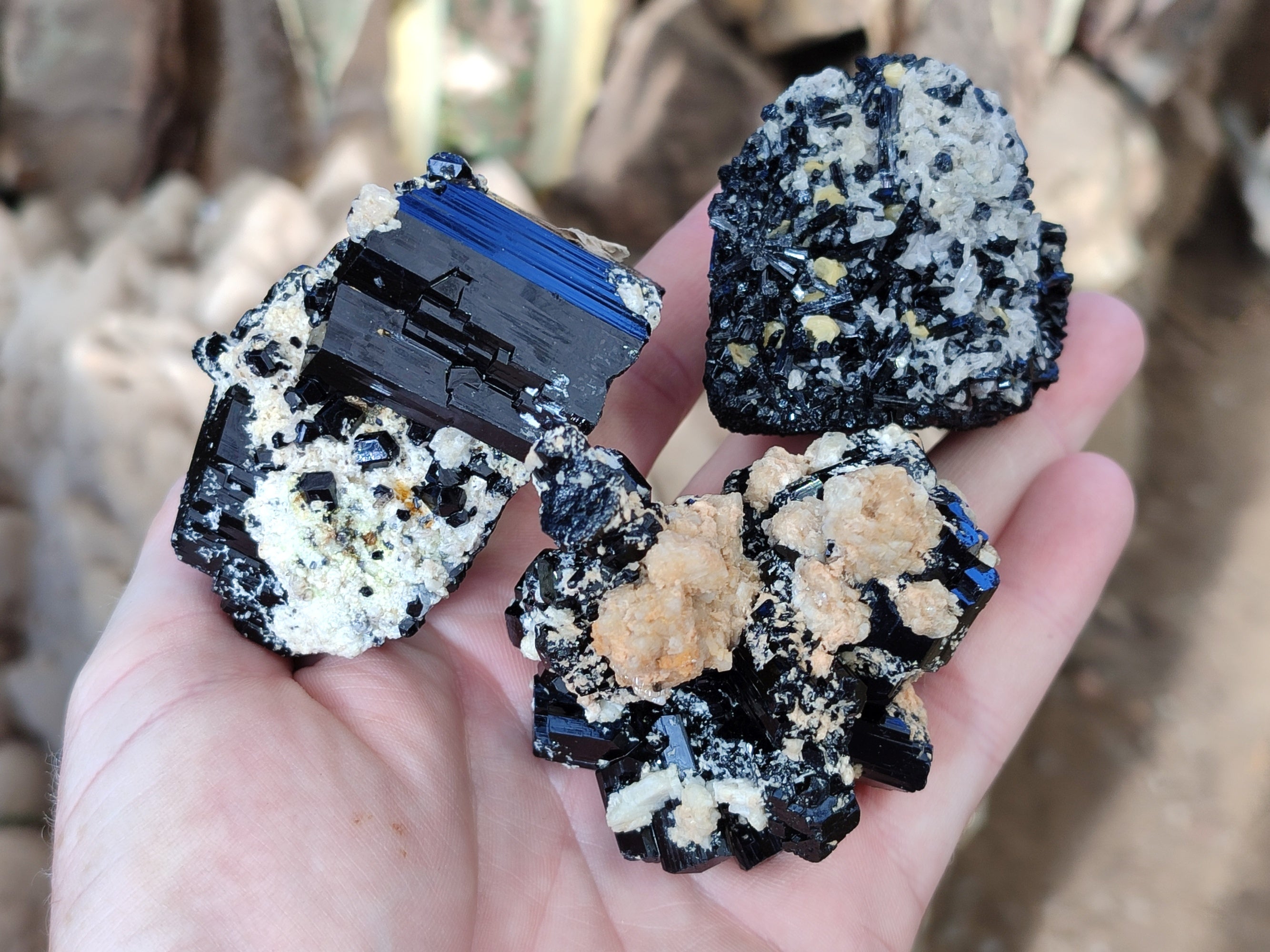 Natural Schorl Black Tourmaline on Orthoclase Matrix Clusters with a bit of Hyalite Opal x 6 From Erongo, Namibia - Toprock Gemstones and Minerals 