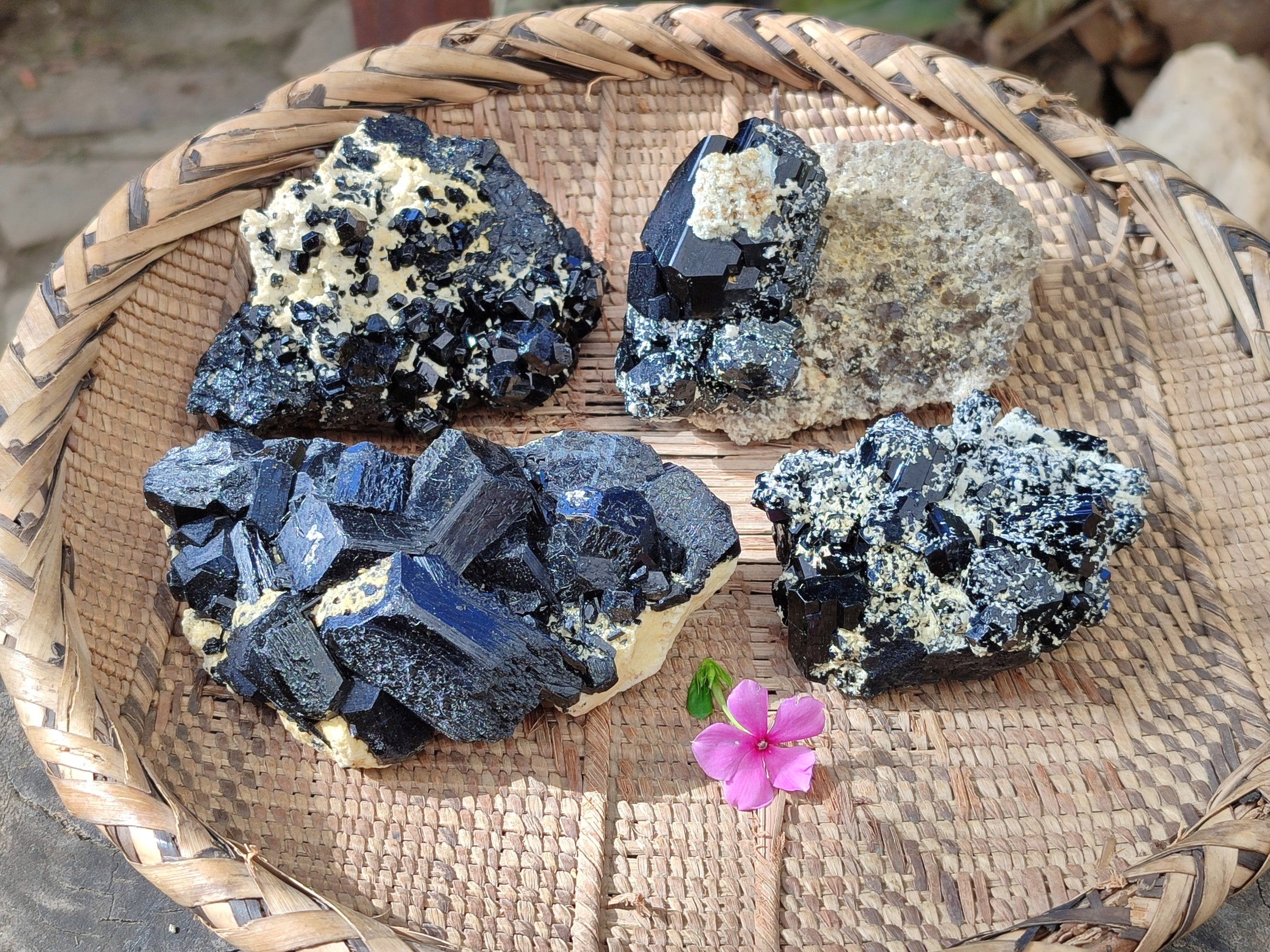 Natural Schorl Black Tourmaline on Orthoclase Matrix with Hyalite Opal x 4 From Erongo, Namibia - Toprock Gemstones and Minerals 