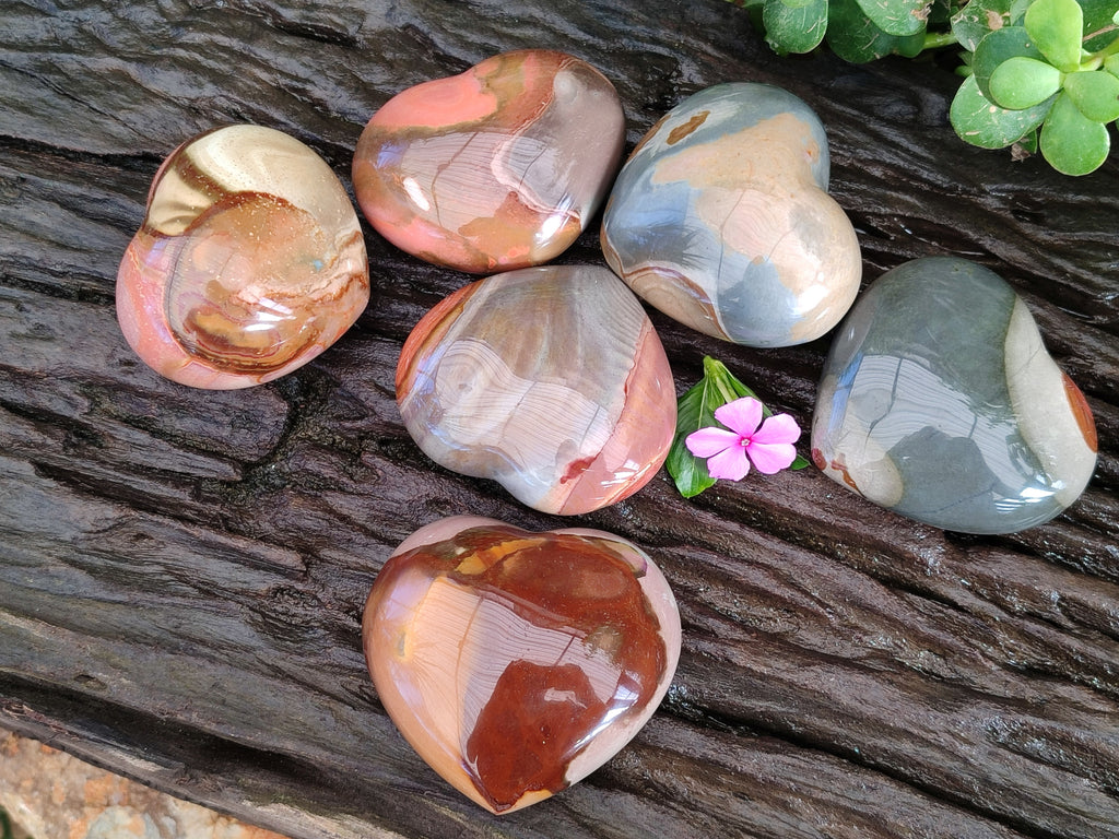 Polished Polychrome Jasper Gemstone Hearts x 6 From Madagascar - Toprock Gemstones and Minerals 