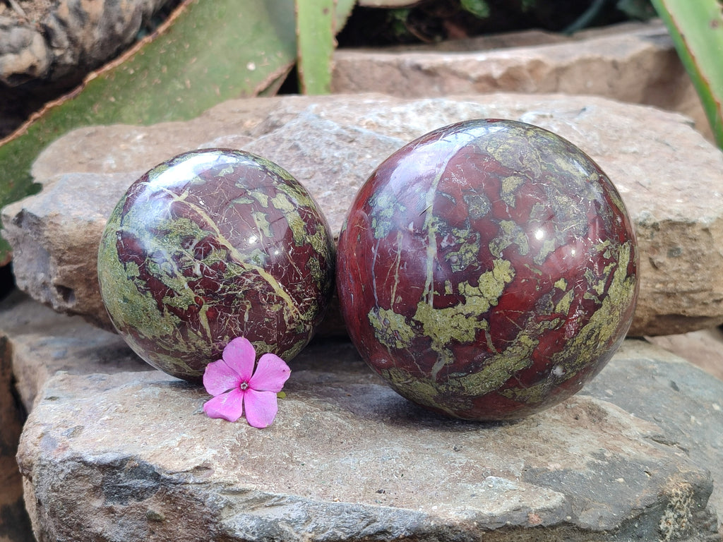 Polished Bastite Dragons Blood Stone Sphere-Ball x 2 From Tshipise, South Africa - Toprock Gemstones and Minerals 