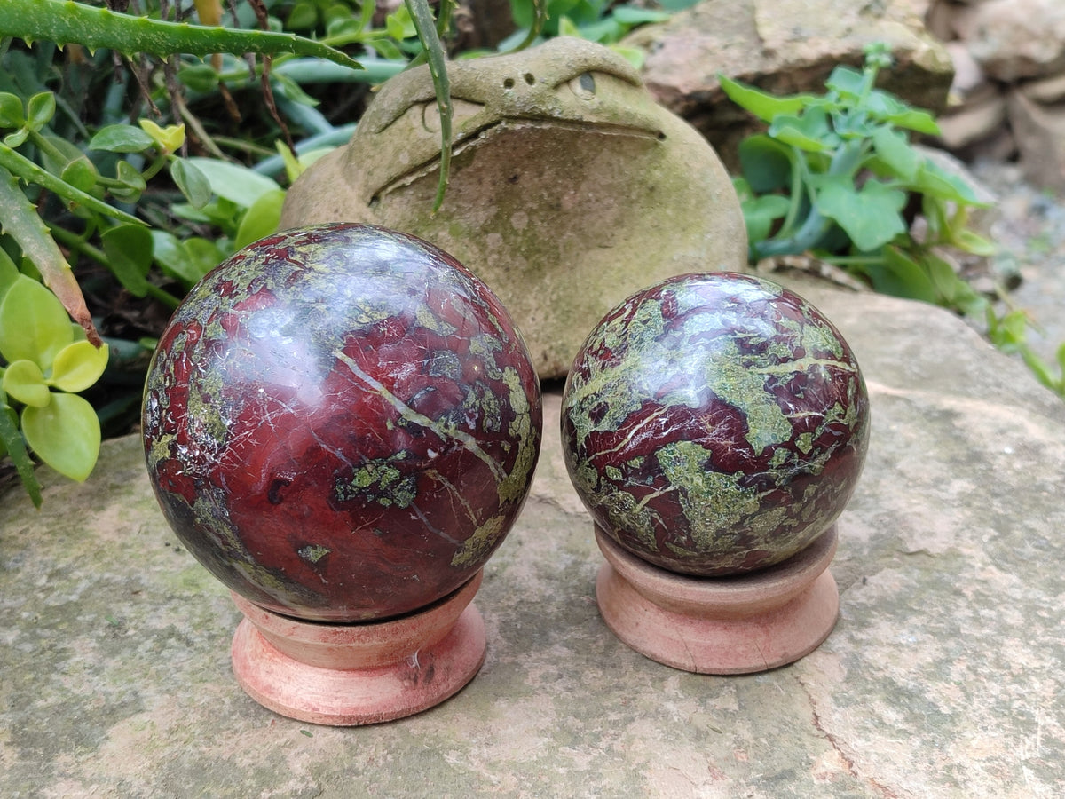 Polished Bastite Dragons Blood Stone Sphere-Ball x 2 From Tshipise, South Africa - Toprock Gemstones and Minerals 