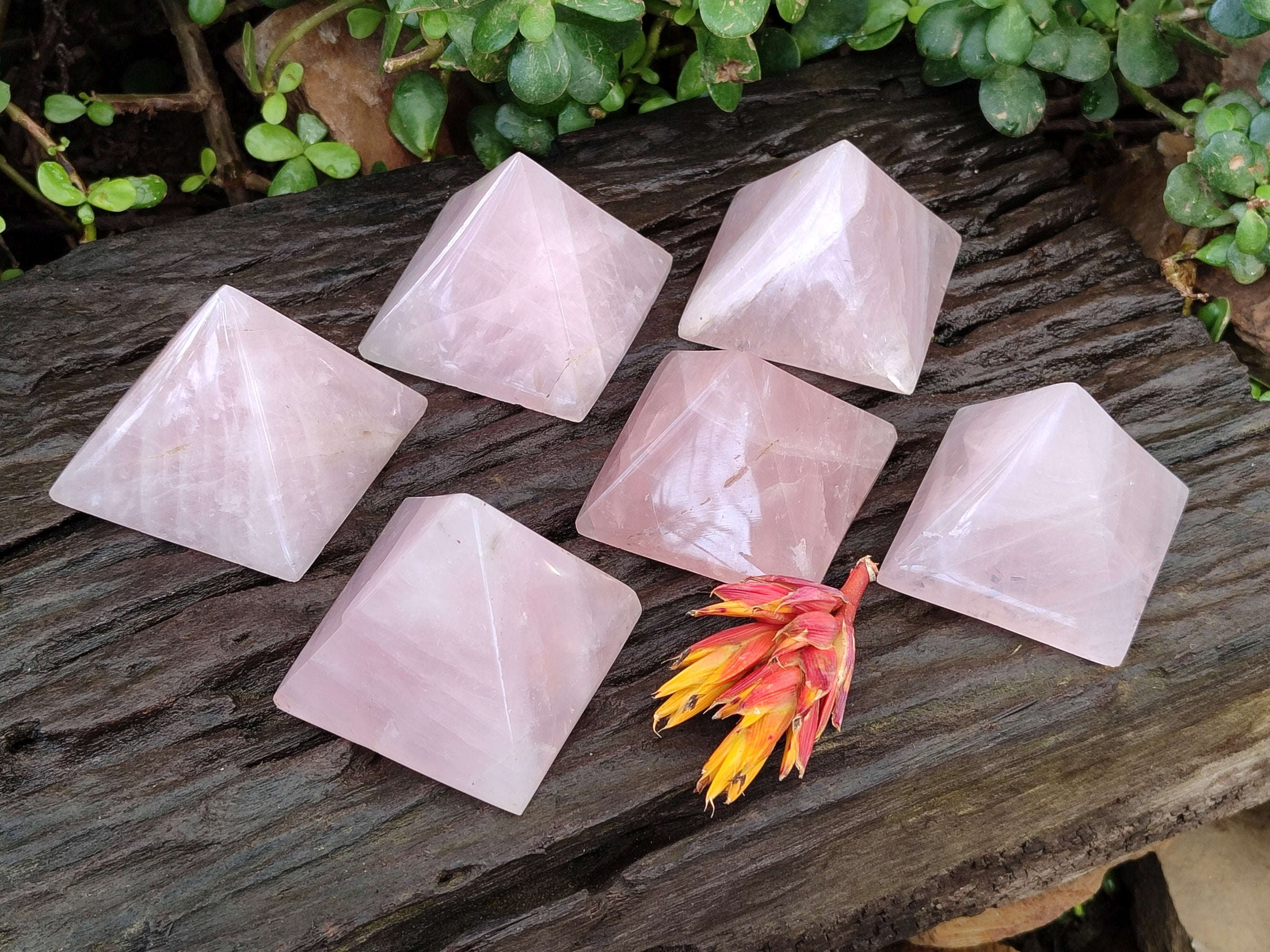 Polished Gemmy Rose Quartz Pyramids x 6 From Madagascar - Toprock Gemstones and Minerals 