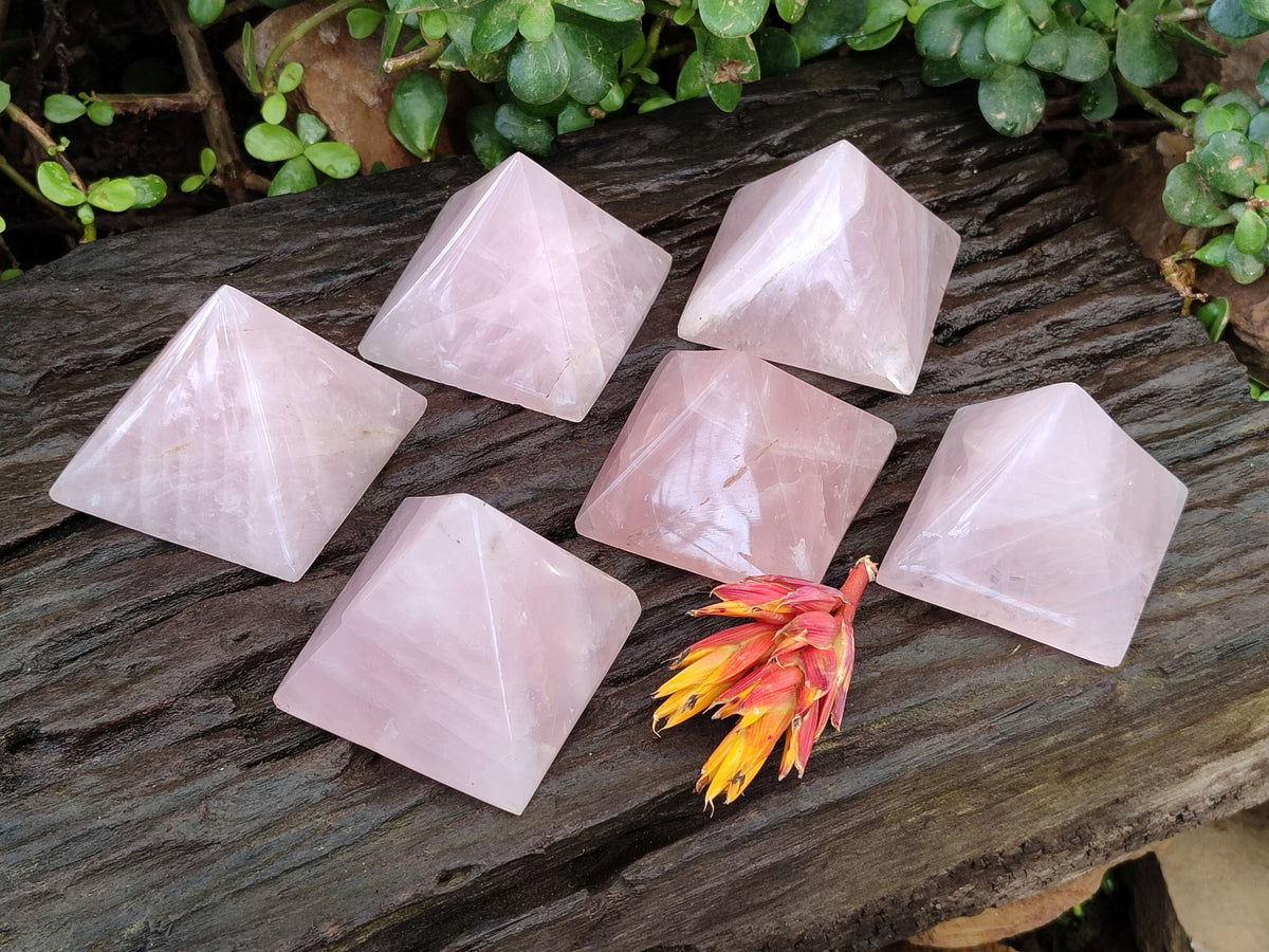 Polished Gemmy Rose Quartz Pyramids x 6 From Madagascar - Toprock Gemstones and Minerals 