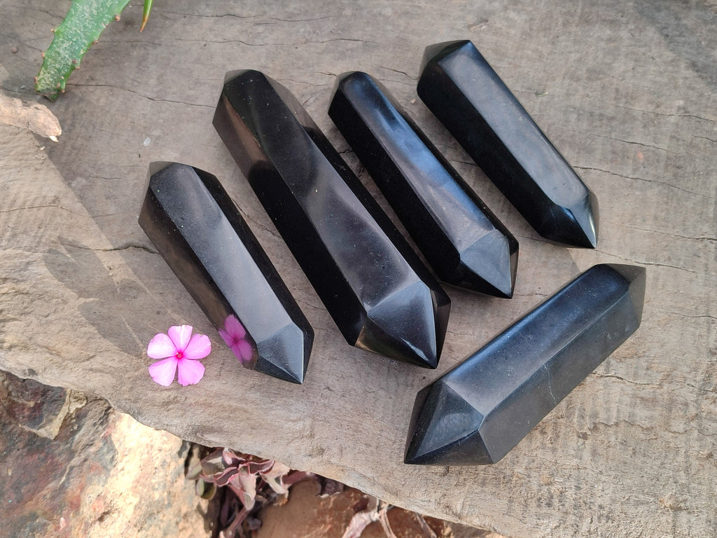 Polished Black Basalt Double Terminated Points x 5 From Antsirabe, Madagascar - Toprock Gemstones and Minerals 