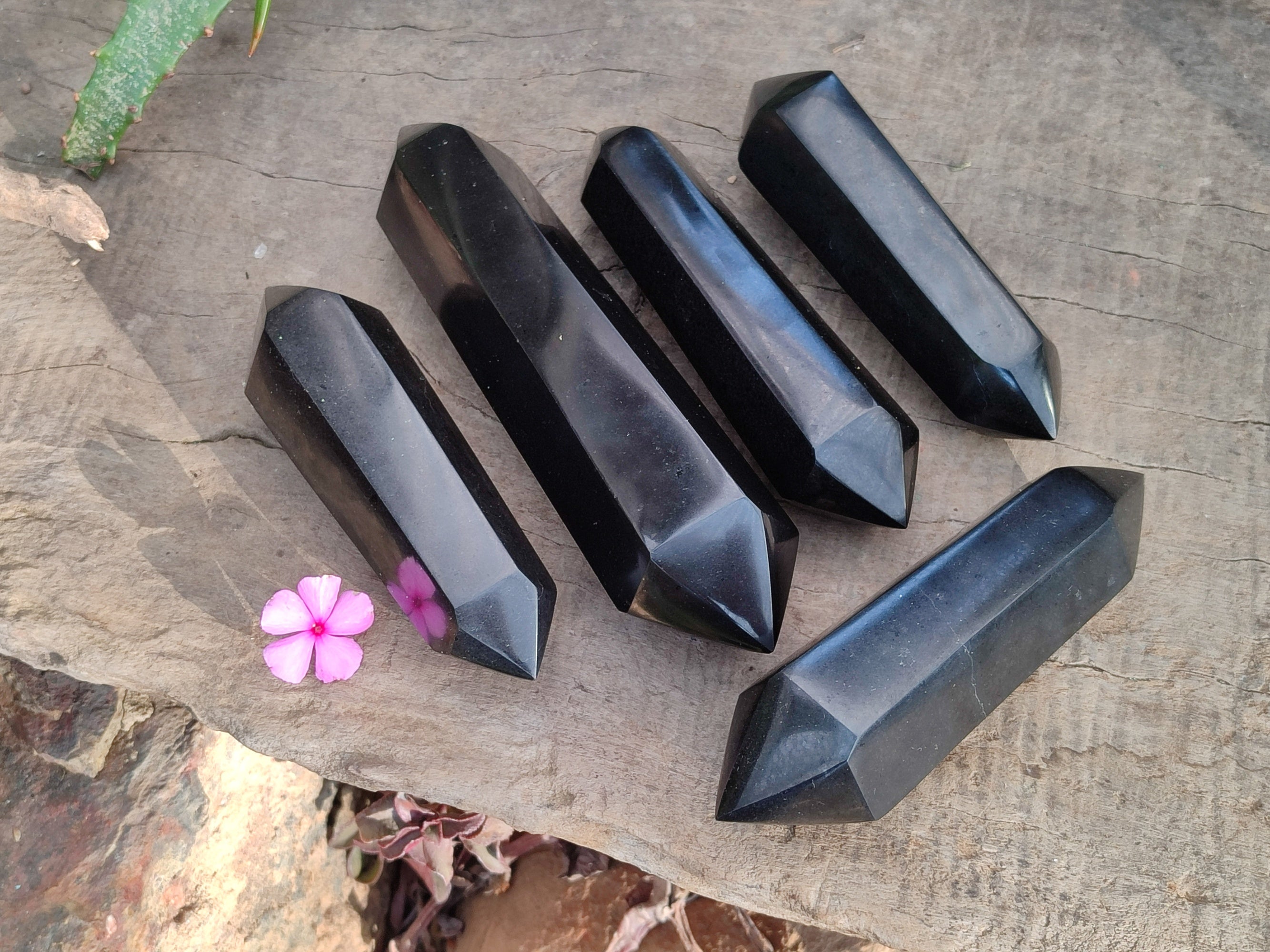 Polished Black Basalt Double Terminated Points x 5 From Antsirabe, Madagascar - Toprock Gemstones and Minerals 