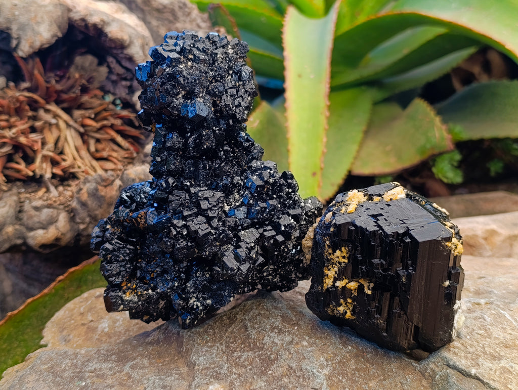 Natural Schorl Black Tourmaline With Hyalite Opal Specimens x 2 From Erongo, Namibia - Toprock Gemstones and Minerals 