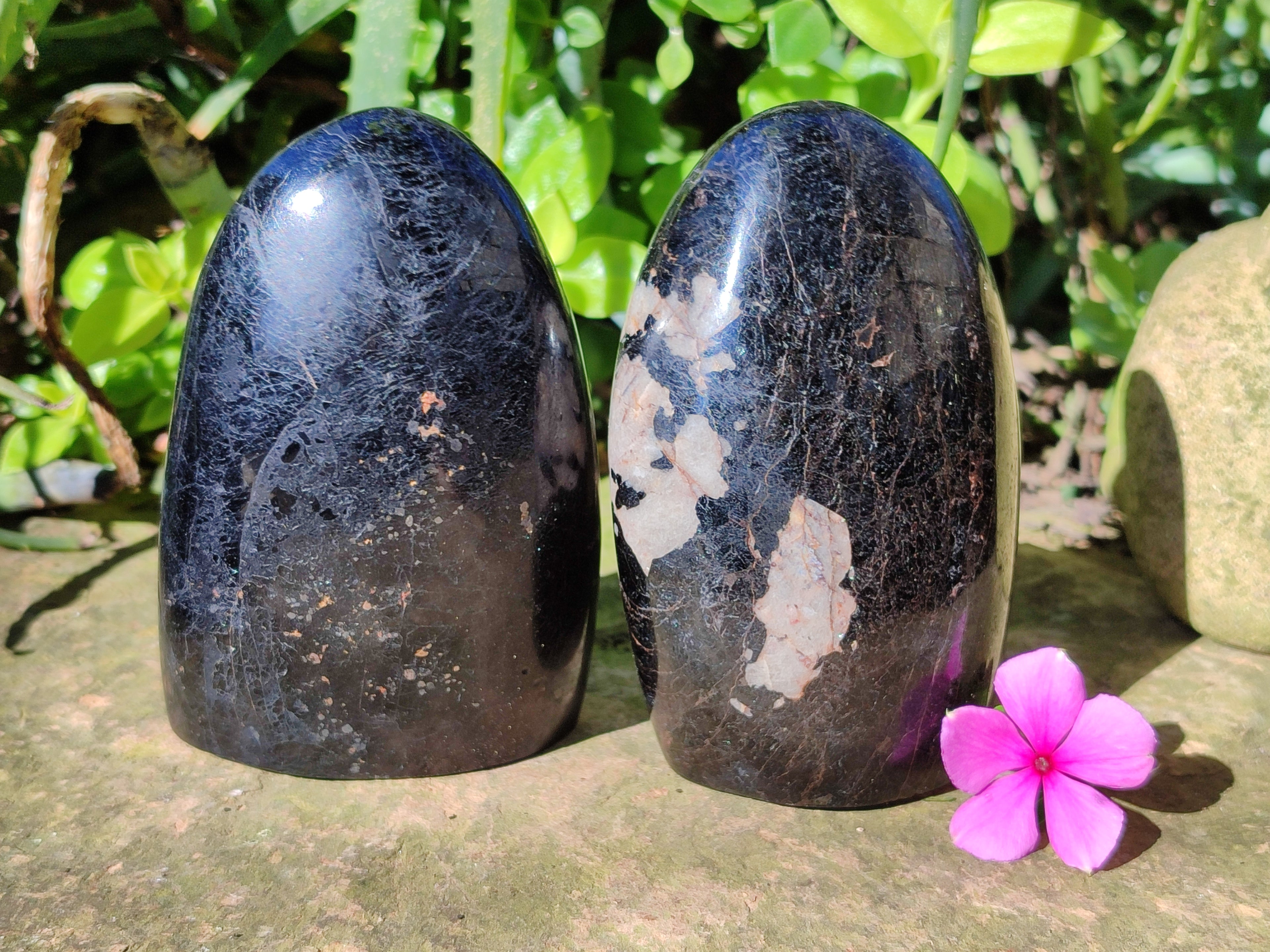 Polished Black Tourmaline and Calcite Standing Free Forms x 2 From Madagascar - Toprock Gemstones and Minerals 