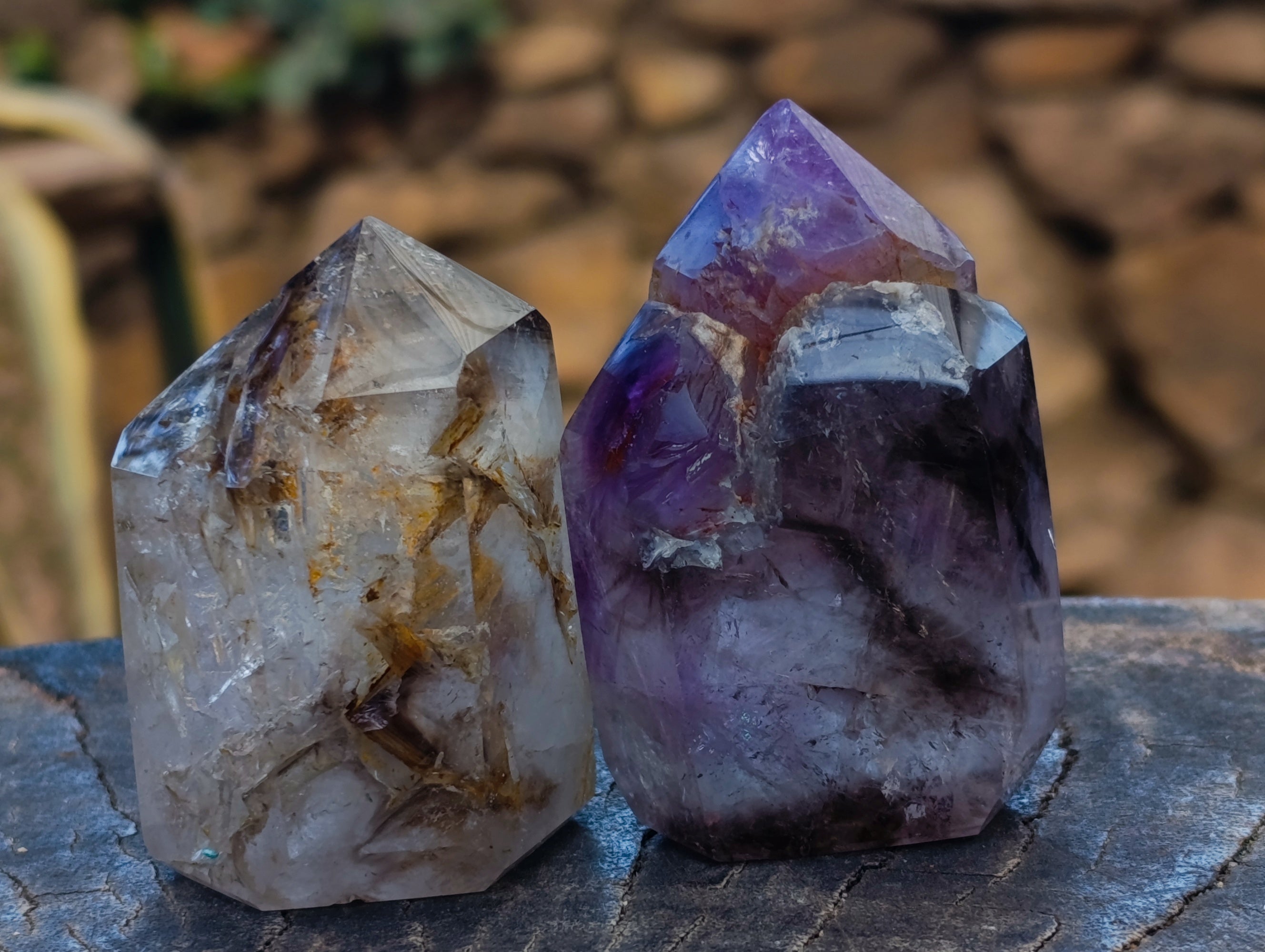 Polished Smokey Quartz and Window Amethyst Crystals x 6 From Madagascar - Toprock Gemstones and Minerals 
