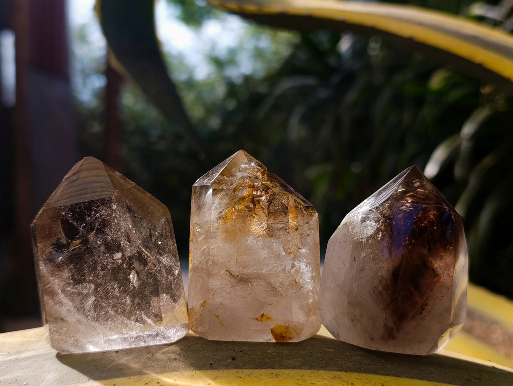 Polished Smokey Quartz and Window Amethyst Crystals x 6 From Madagascar - Toprock Gemstones and Minerals 