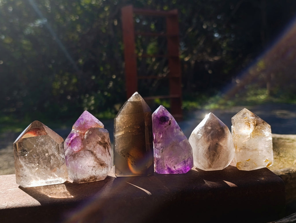 Polished Smokey Quartz and Window Amethyst Crystals x 6 From Madagascar - Toprock Gemstones and Minerals 