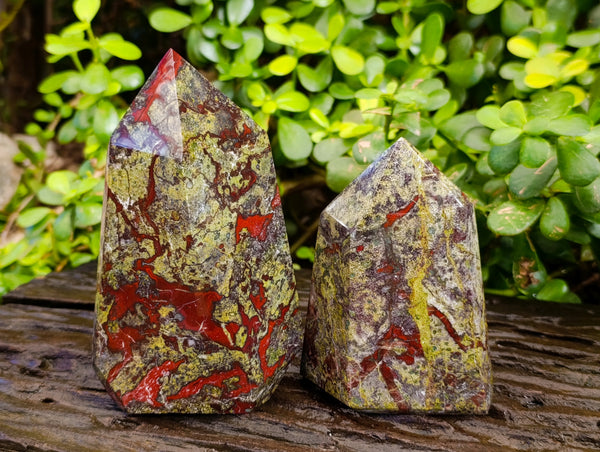 Polished Bastite Dragons Blood Stone Points x 2 From Tshipise, South Africa