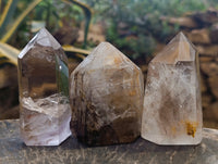 Polished Mixed Inclusion Quartz Crystals including Golden Rutile Inclusion x 4 from Madagascar - Toprock Gemstones and Minerals 