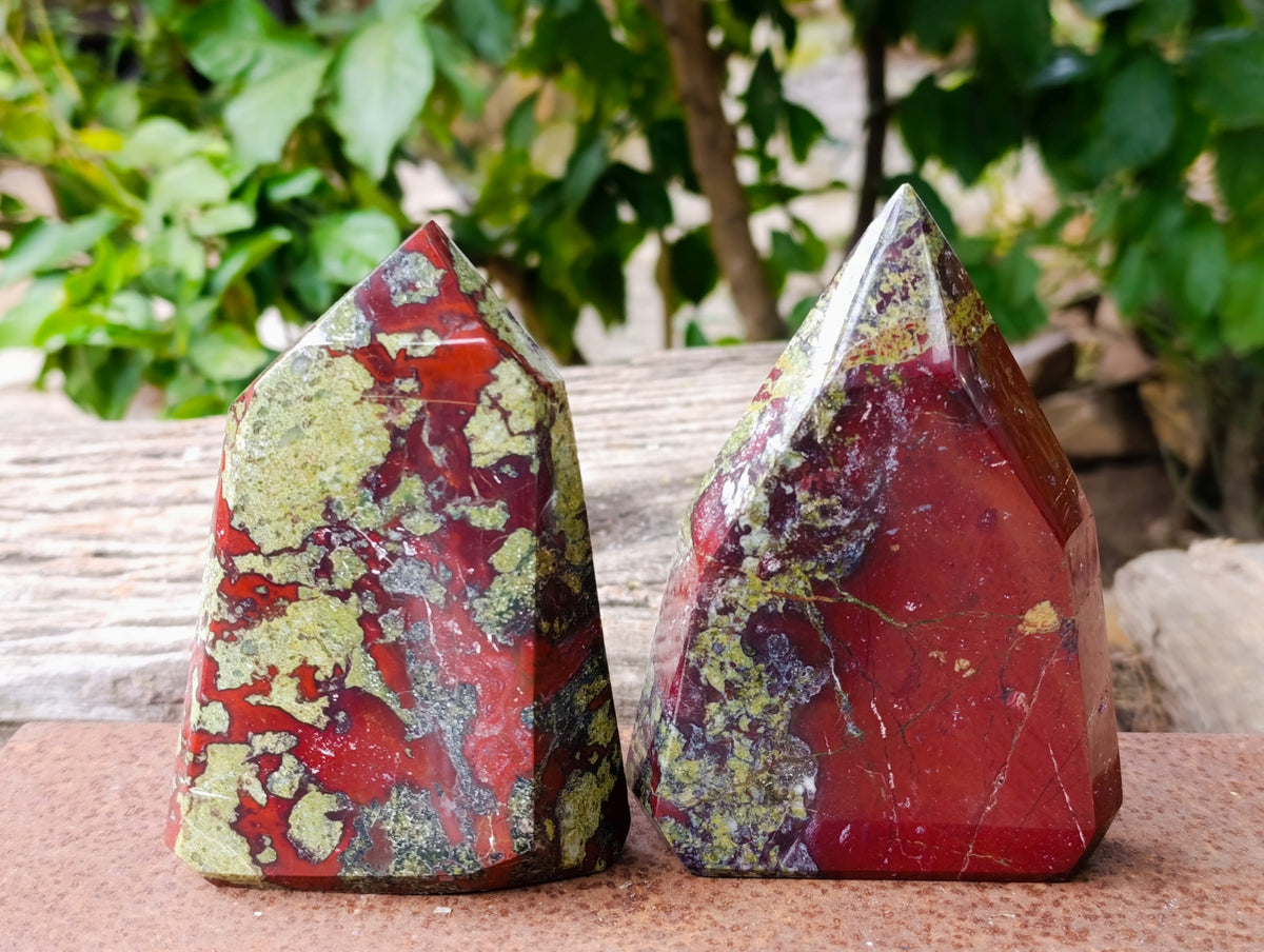 Polished Bastite Dragons Blood Stone Points x 2 From Tshipise, South Africa - Toprock Gemstones and Minerals 