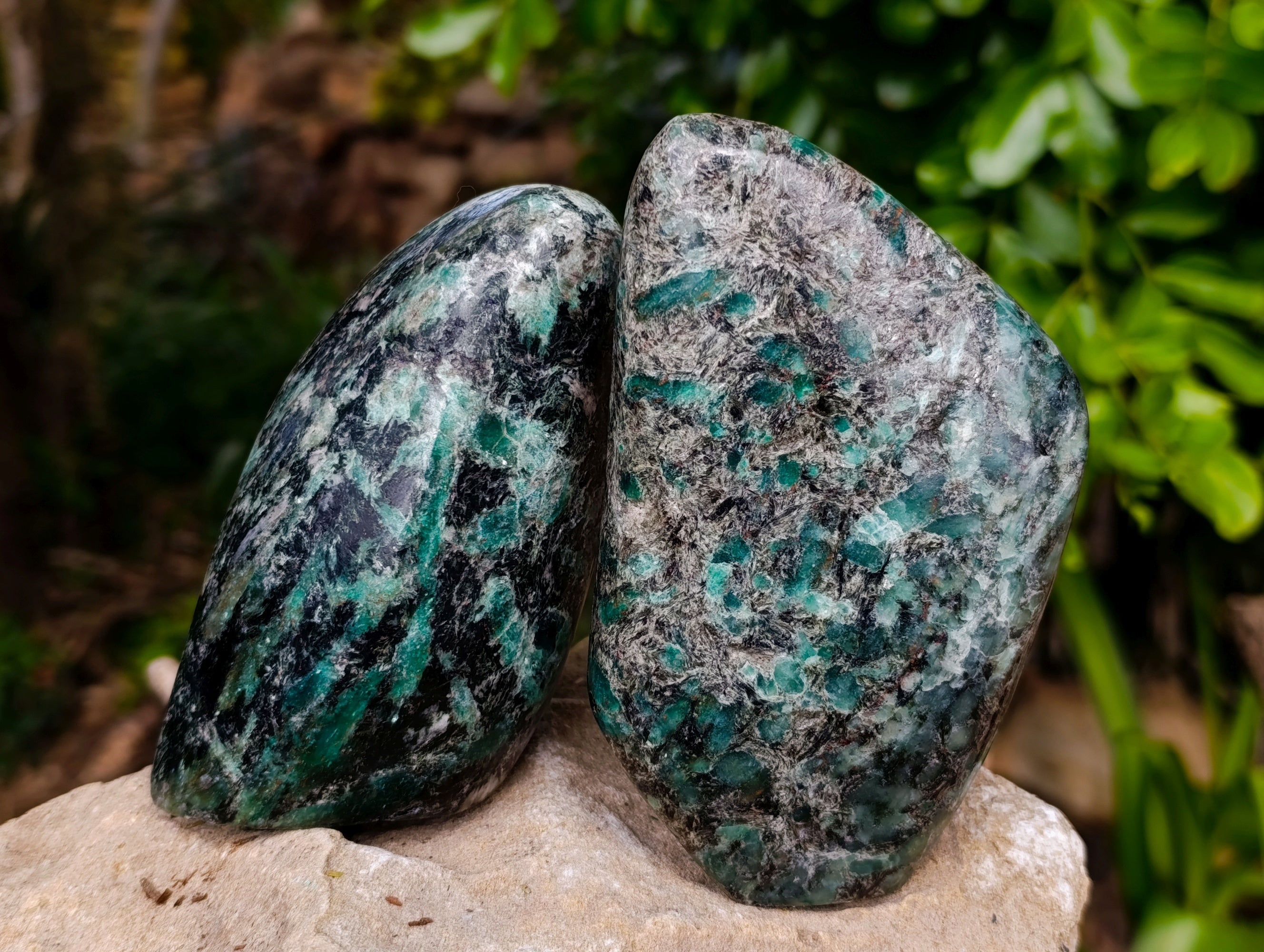 Polished Emerald Mica In Matrix Standing Free Forms x 2 From Mutoko, Zimbabwe - Toprock Gemstones and Minerals 
