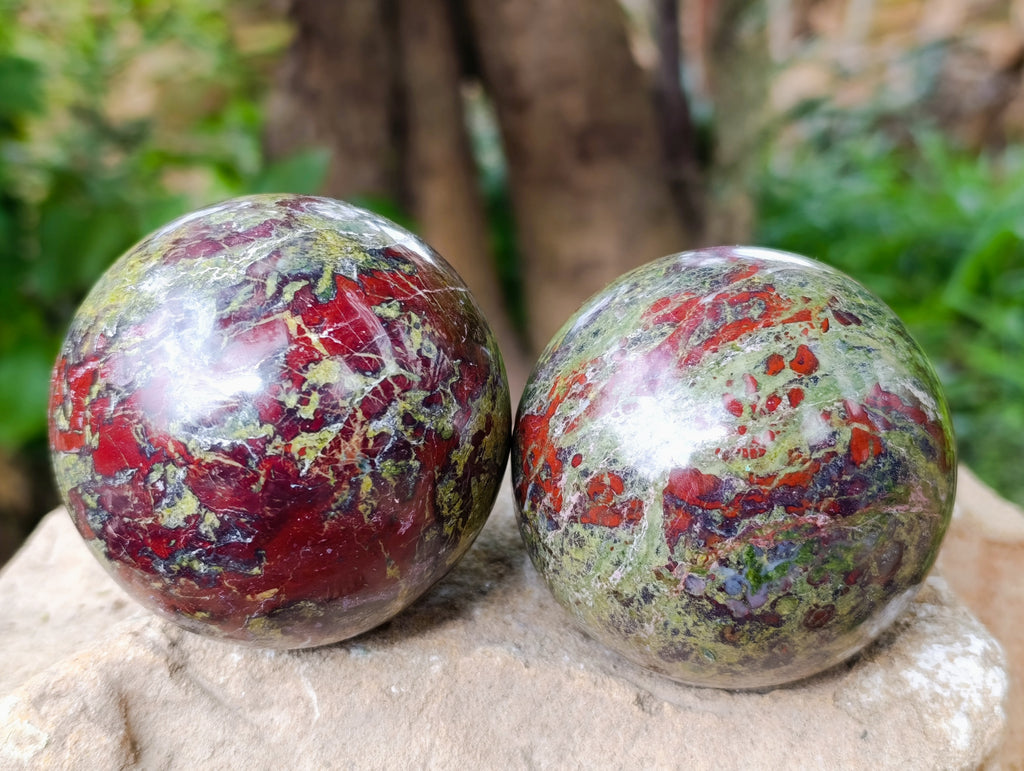 Polished Bastite Dragons Blood Stone Sphere-Ball x 3 From Tshipise, South Africa - Toprock Gemstones and Minerals 