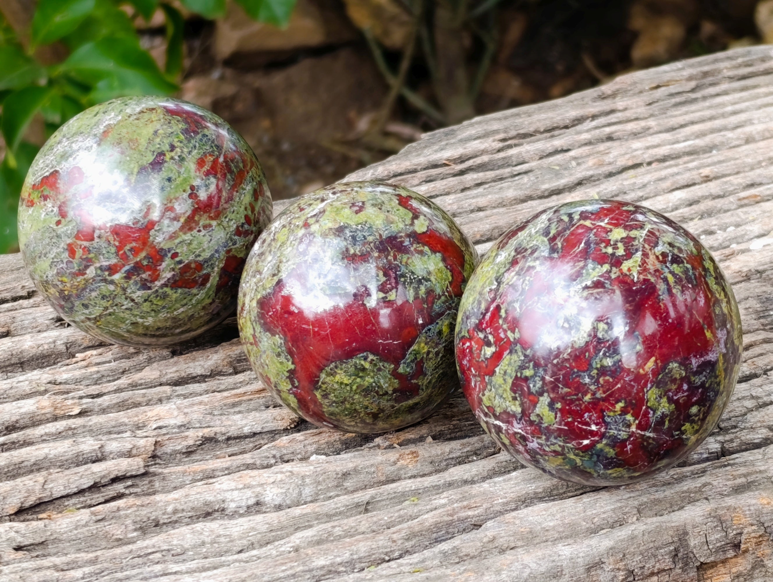 Polished Bastite Dragons Blood Stone Sphere-Ball x 3 From Tshipise, South Africa - Toprock Gemstones and Minerals 