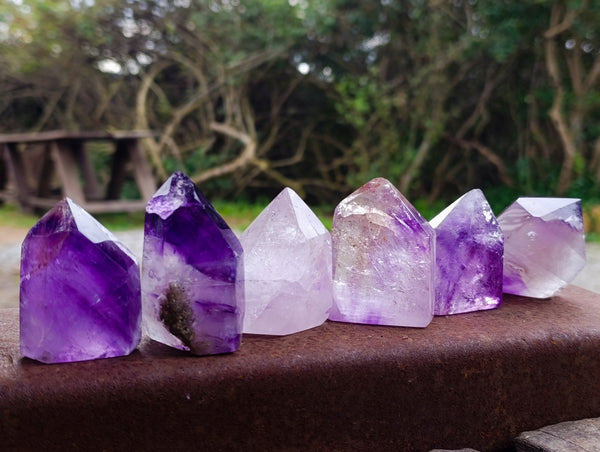 Polished Window Amethyst Quartz Points x 6 From Akansobe, Madagascar - Toprock Gemstones and Minerals 