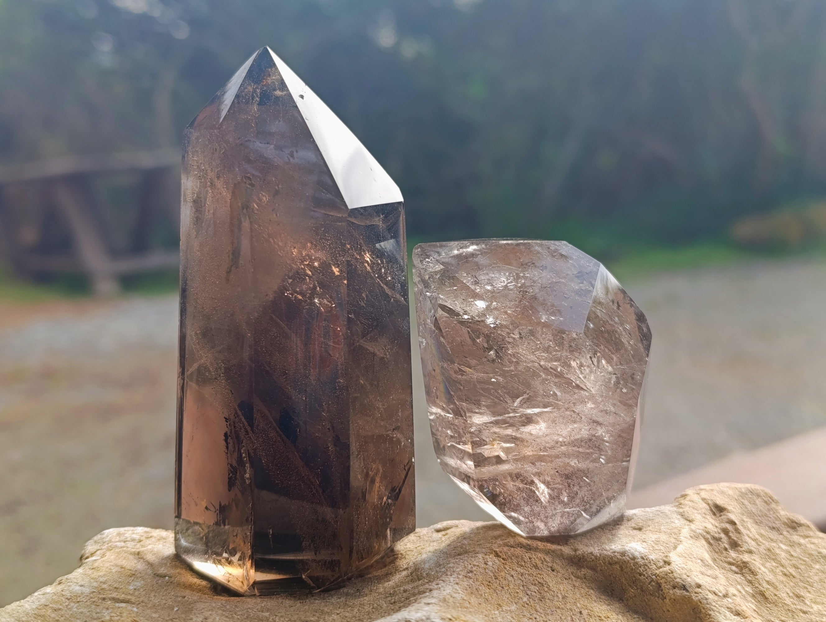 Polished Mixed Smokey Quartz & Chlorite "Moss "Inclusion Quartz Crystals x 3 from Madagascar - Toprock Gemstones and Minerals 