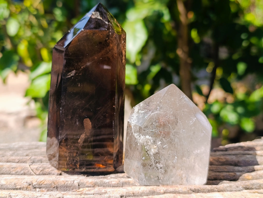 Polished Mixed Smokey Quartz & Chlorite "Moss "Inclusion Quartz Crystals x 3 from Madagascar - Toprock Gemstones and Minerals 